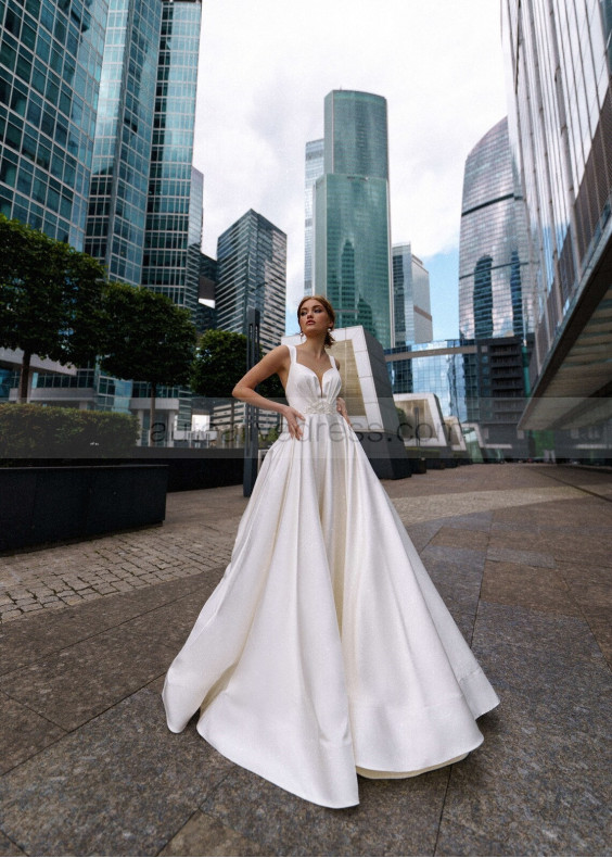 Wide Straps Beaded Ivory Satin Open Back Wedding Dress